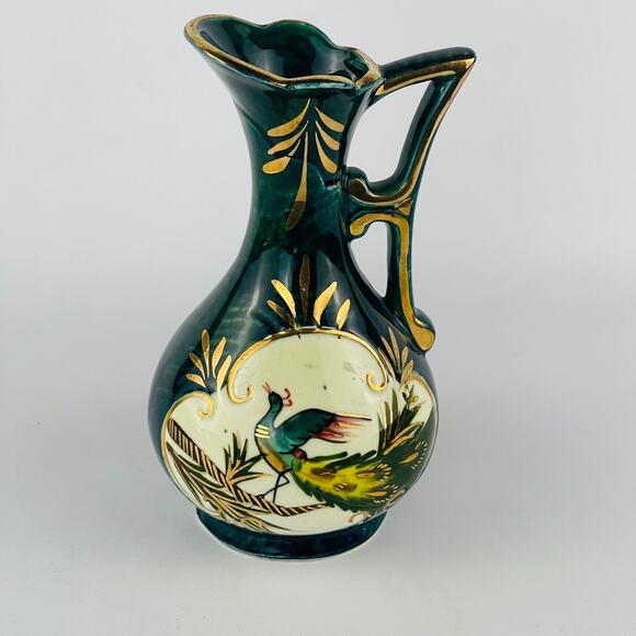 Hand Painted Ceramic Peacock Pitcher Gold Trim 7 1/8” - Picture 9 of 9